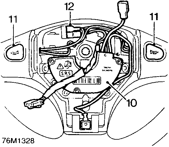 Diagram of steering wheel internals showing the airbag control unit (10), horn pushes (11), and wiring harnesses (12).