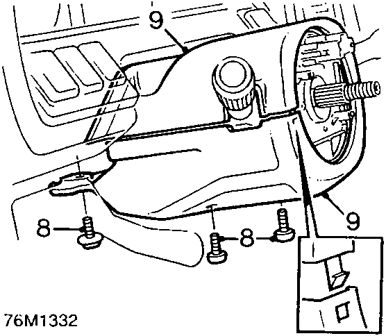 Diagram showing the lower half of the nacelle secured by three screws (8) and connected to the steering column, with callout 9 indicating the upper section.