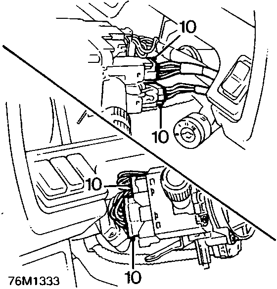 Diagram showing the column switch assembly with four multiplugs (10) being disconnected.
