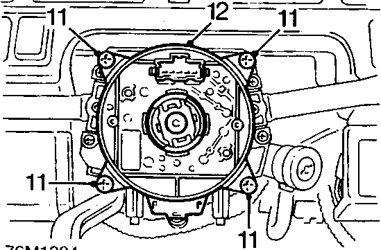 Diagram showing the slip ring (12) secured to the column switch assembly by four screws (11).