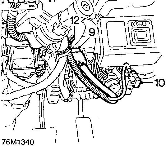 Diagram showing the SRS harness, multiplug, fuse, and cable tie near the steering column and passenger compartment with callout numbers 9 through 12.