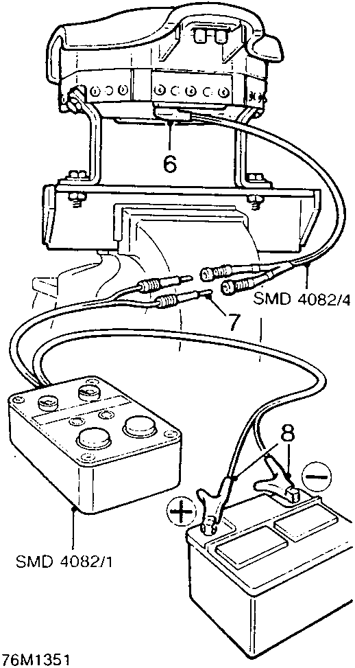 Diagram showing airbag module mounted on a stand with fly lead SMD 4082/4 connecting to tool SMD 4082/1 attached to a battery