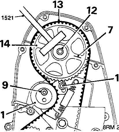 Diagram showing camshaft gear and timing belt assembly with callout numbers 7 through 14 and tool 18G 1521