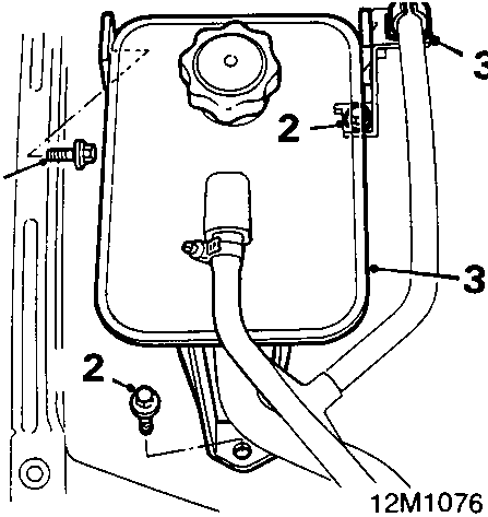 Diagram showing coolant expansion tank and bracket with callout numbers 2 and 3