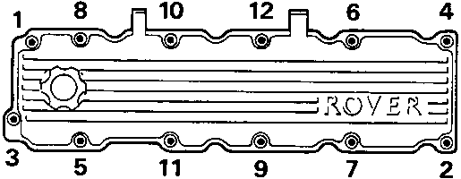 Diagram showing the sequence for removing bolts on the camshaft cover (numbers 1-12)
