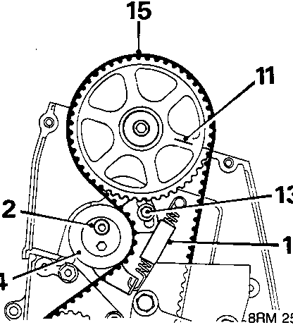 Diagram showing timing belt tensioner assembly with callout numbers 11, 12, 13, 14, 15, and 16