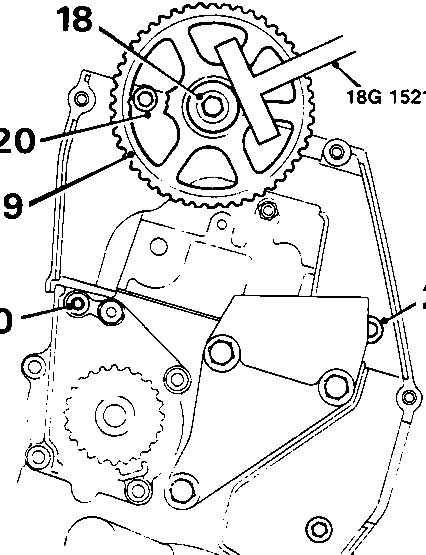 Diagram showing camshaft gear and timing belt rear cover with callout numbers 18, 19, and 20
