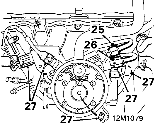 Diagram showing components 25, 26, and 27 (fuel pipes, clips, and multiplugs) on the engine manifold area