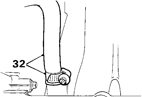 Diagram showing component 32, an expansion tank hose connection being slackened with a clip