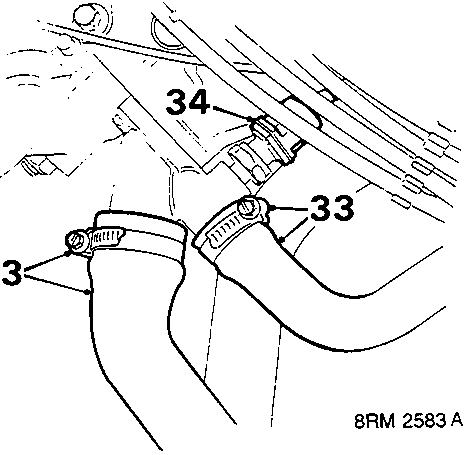 Diagram showing coolant hoses and multiplug connections on the cylinder head, with callout numbers 33 and 34.