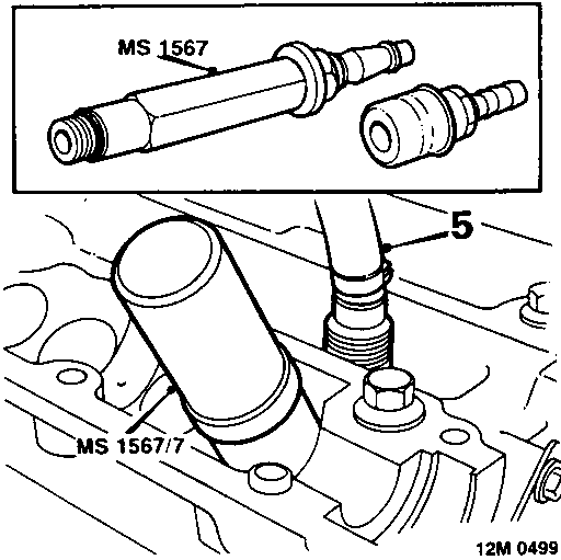 Spark plug hole with air line adapter MS 1567 inserted and tool MS 1567/7 positioned at valve spring cap