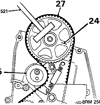 Timing belt assembly showing camshaft gear, crankshaft gear, tensioner pulley, and tool 18G 1521 in position