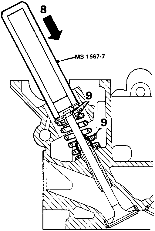 Cross-section view of valve spring assembly showing tool MS 1567/7 compressing the spring cap and collets