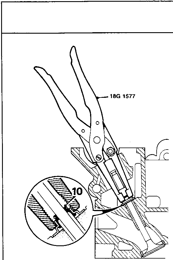 Diagram showing tool 18G 1577 removing valve stem oil seal, with callout 10 on the seal detail