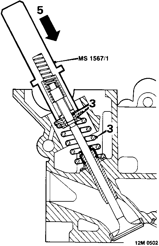 Diagram showing tool MS 1567/1 positioned on valve spring cap, with callouts 3 on collets and 5 indicating hammer strike direction