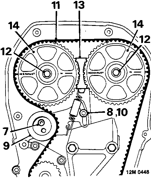 Diagram showing timing belt removal from camshaft gears with callout numbers 7, 8, 9, 10, 11, 12, 13, and 14
