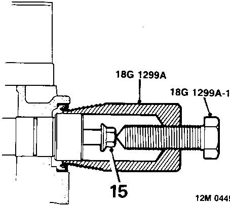 Diagram showing tool 18G 1299A and 18G 1299A-1 fitted to a camshaft with callout number 15