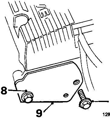 Diagram showing the front camshaft rear cover plate secured by two bolts (8) on the cylinder head.
