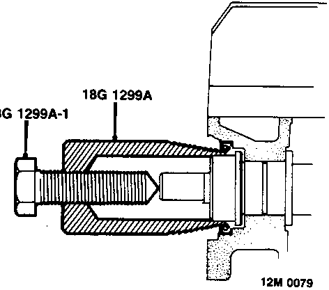 Diagram showing tool 18G 1299A-1 being screwed into the camshaft oil seal, with tool 18G 1299A fitted to the centre bolt.