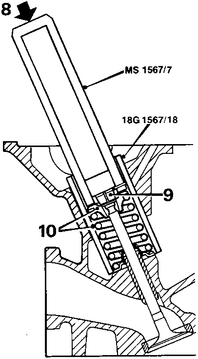 Tool 18G 1567/18 and MS 1567/7 applied to valve spring cap with callouts 9 and 10