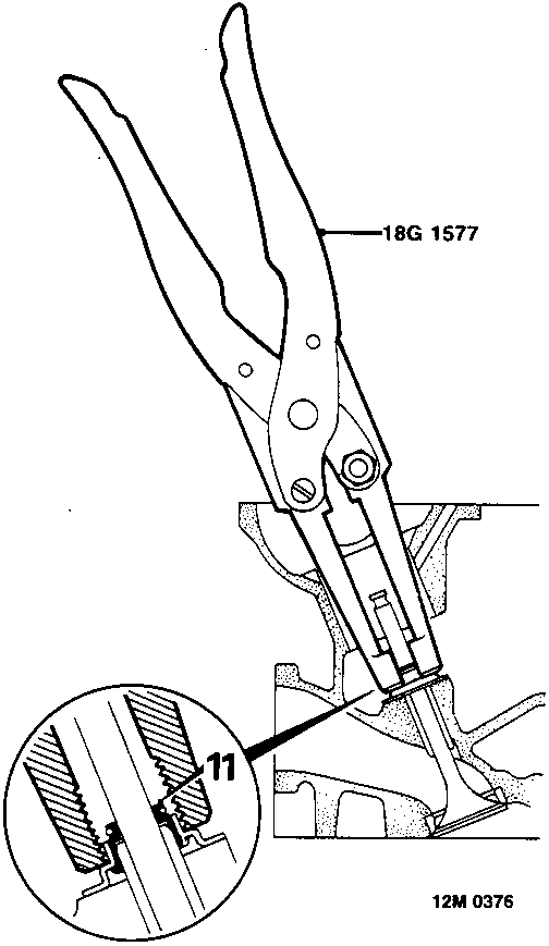 Diagram showing tool 18G 1577 being used to remove a valve stem oil seal, with a circular inset detail of the collet engagement