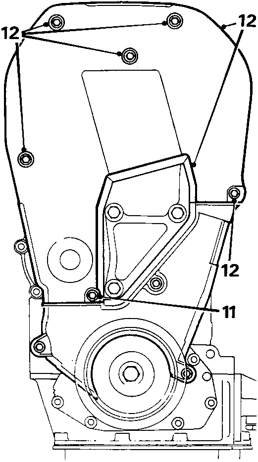 Diagram showing upper timing cover secured by bolts labeled 12 and a bottom bolt labeled 11
