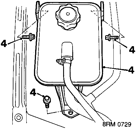 Diagram showing coolant expansion tank secured by bolts labeled 4 to the vehicle body
