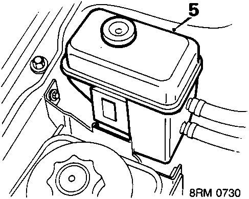 Diagram showing coolant expansion tank labeled 5 in position under the bonnet