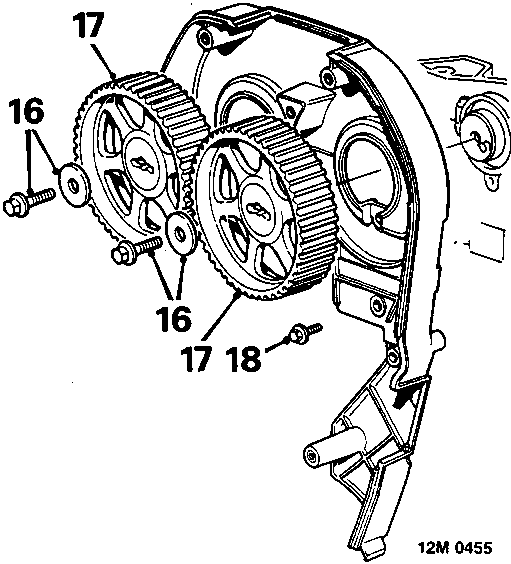 Diagram showing camshaft gears labeled 17 and 18 with bolts and washers labeled 16