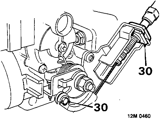 Diagram showing throttle cable (30) connected to throttle cam and bracket