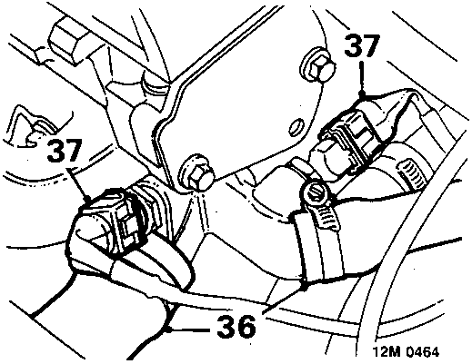 Diagram showing coolant hoses (36) and coolant sensors (37) on cylinder head