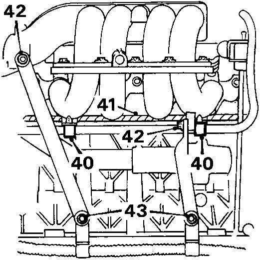 Diagram showing fuel return hose (39), engine harness (41), support stays (42) and bolts (40) on inlet manifold