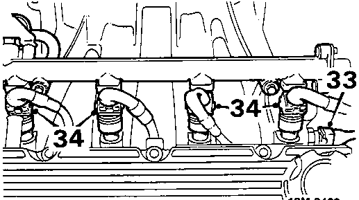 Diagram showing intake air temperature sensor (33) and injectors (34) with multiplugs disconnected