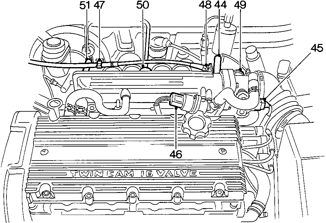 Diagram of the plastic inlet manifold assembly showing numbered components 44 through 51, including hoses, multiplugs, and cables connected to the engine.