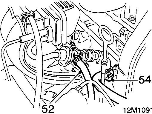 Close-up diagram of the fuel rail and coolant hose connections showing numbered components 52 and 54.