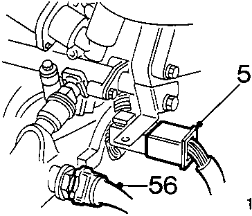Diagram showing release of injector harness multiplug (55) and disconnecting multiplug from air temperature sensor (56).
