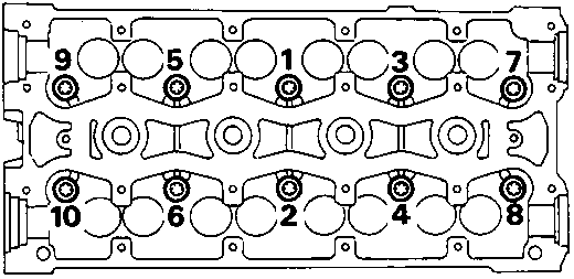 Diagram showing the tightening sequence for cylinder head bolts (1 to 10).