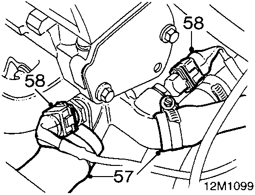Diagram showing slackening clips to disconnect coolant hoses (57) and disconnecting multiplugs from coolant sensors (58).