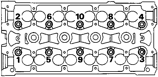 Diagram showing the sequence for slackening 10 cylinder head to oil rail bolts (1 to 10).
