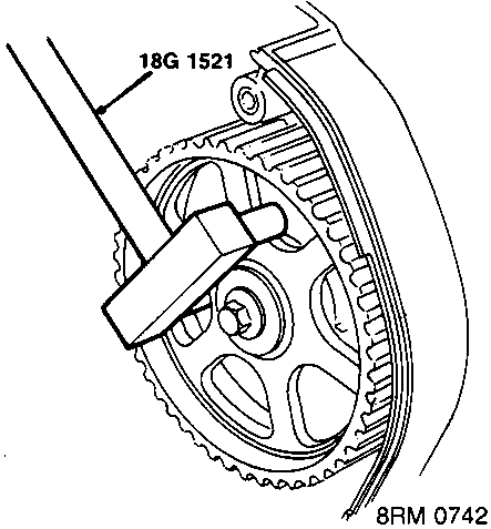 Diagram showing tool 18G 1521 aligned with a camshaft gear