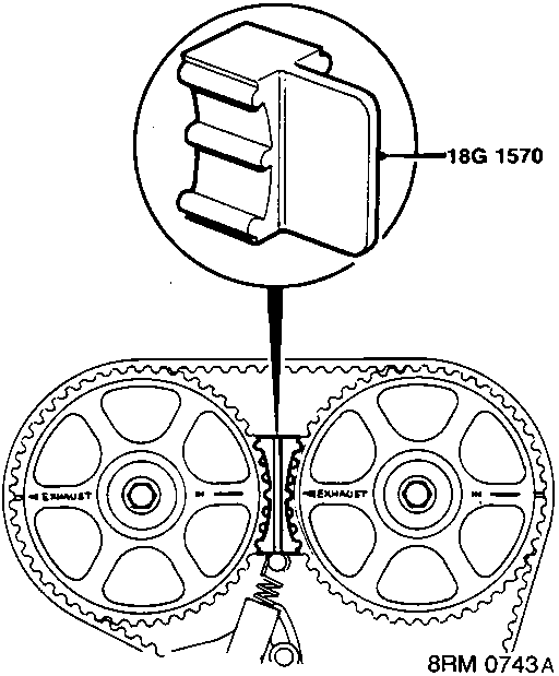 Diagram showing tool 18G 1570 locking two camshaft gears together with timing belt