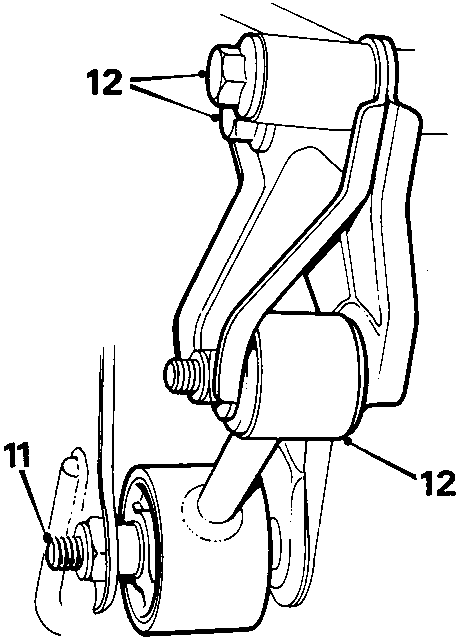 Diagram showing engine steady bar bracket being removed from the gearbox, with callout numbers 11 and 12 indicating bolts.