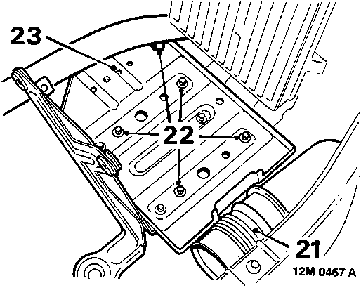 Diagram showing air intake hose (21), harness clip (22), and battery tray (23)