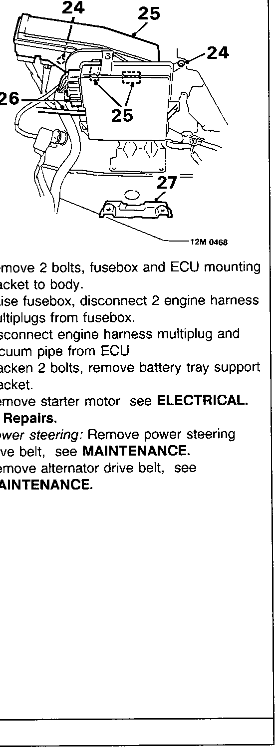 Diagram showing fusebox (24), ECU mounting bracket (25), engine harness multiplug (26), and battery tray support bracket (27)