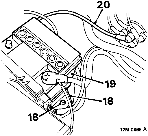 Diagram showing battery clamp bolt (18), battery positive lead (19), and HT lead (20)