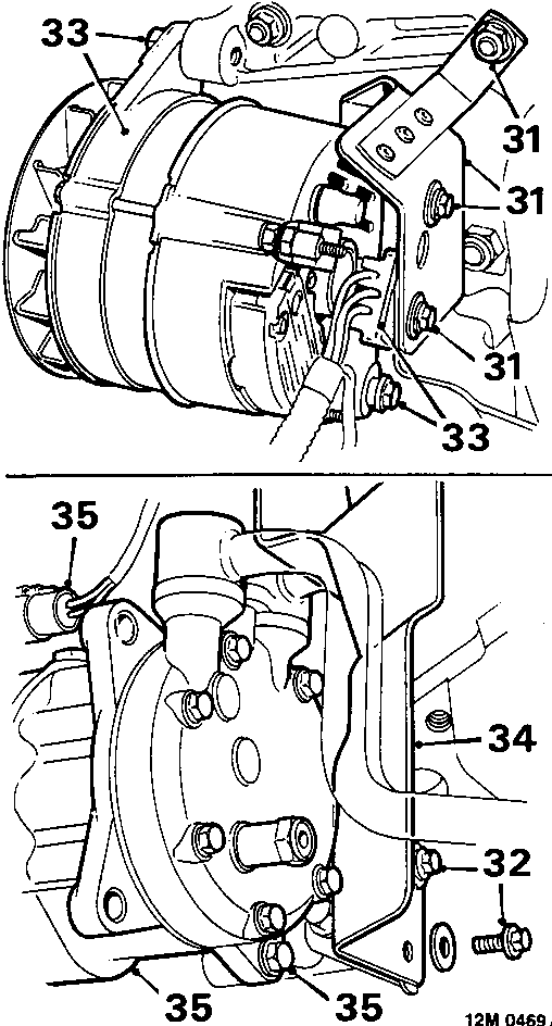 Diagram showing alternator and compressor assembly with callout numbers 31, 33, 34, 35, and 32 pointing to various bolts and shields.