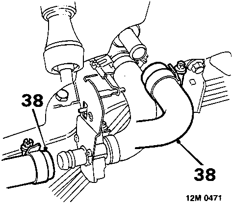 Diagram showing coolant hose connections at the engine with callout number 38.