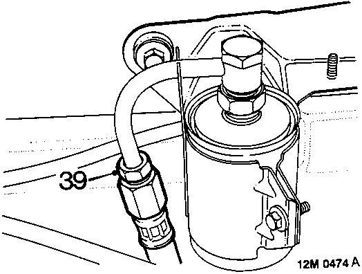 Diagram showing fuel filter and hose connections with callout number 39.