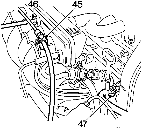 Diagram showing throttle cable clip, quick fit connector, and expansion tank hose on plastic inlet manifold, callouts 45, 46, 47