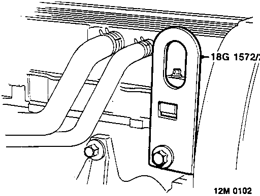 Diagram showing lifting bracket tool 18G 1572/2 fitted to cylinder head above dipstick tube